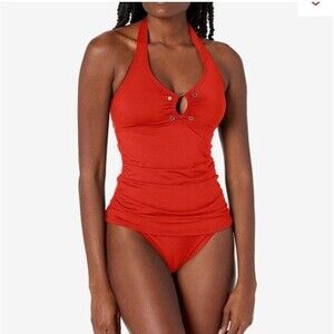 NWT Calvin Klein Orange Halter Tankini Top Keyhole Ruched Swimwear Size S UPF 50